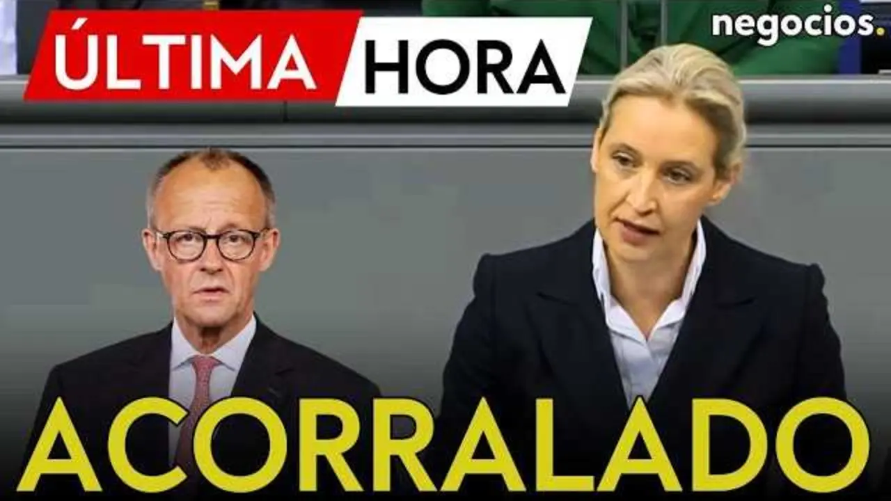 Alice Weidel en un acto público, con el fondo del logotipo de Alternativa para Alemania (Afd), durante un discurso marcado por críticas a la gestión política y social en Alemania.<br>                        <br>                        <br>                        <br>                      