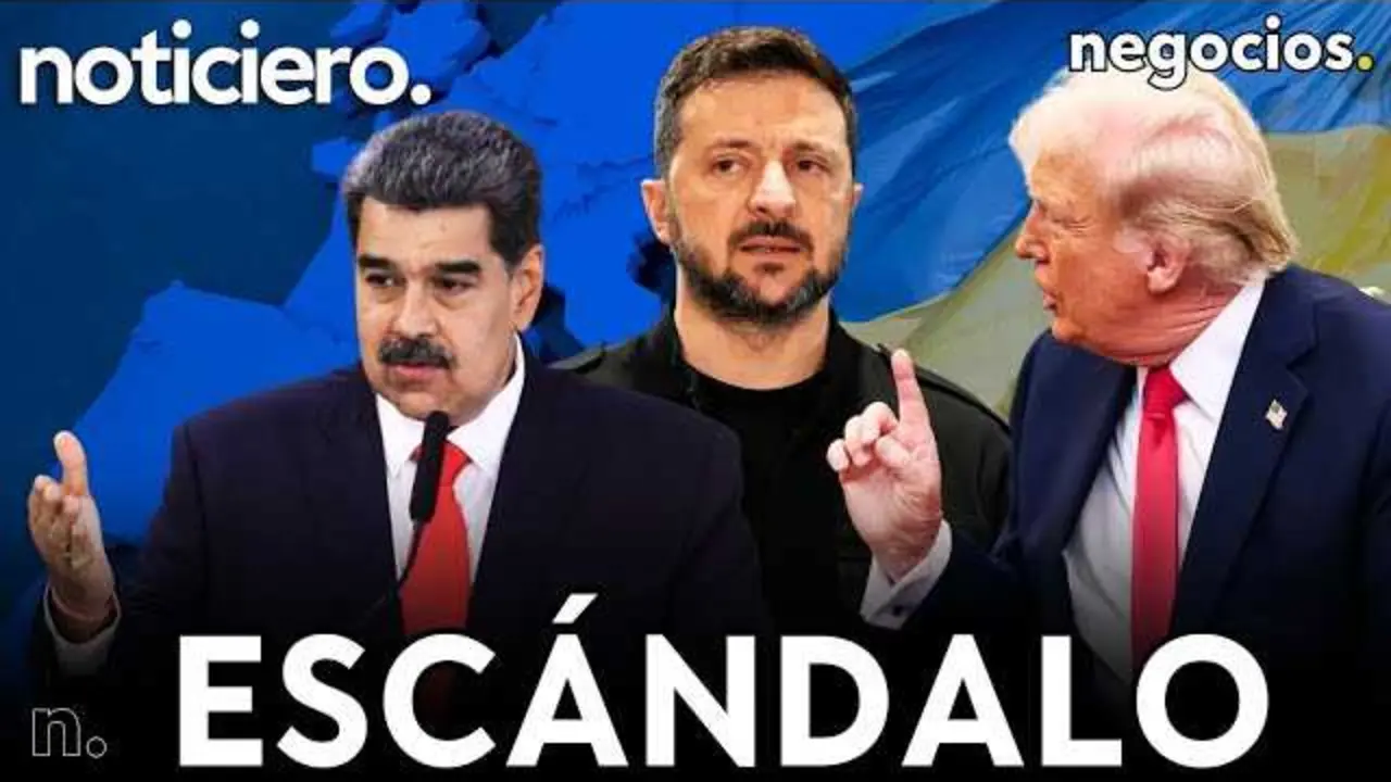Thumbnail del vídeo donde se destacan las figuras de Trump, Zelenski y Maduro junto a mapas de Europa, Ucrania y Venezuela<br>                        <br>                        <br>                        <br>                      