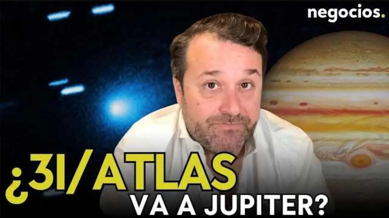 Vista telescópica del gigante gaseoso Júpiter en primer plano, con una representación esquemática del radio de Hill y la trayectoria del objeto 3I/Atlas.<br>                        <br>                        <br>                        <br>                      