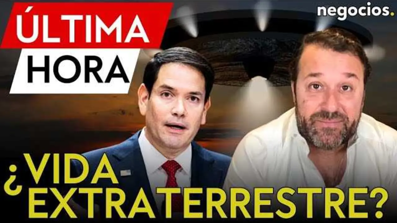Marco Rubio en una imagen oficial, junto a títulos relacionados con el fenómeno ovni y el documental 'The Age of Disclosure'.<br>                        <br>                        <br>                        <br>                      