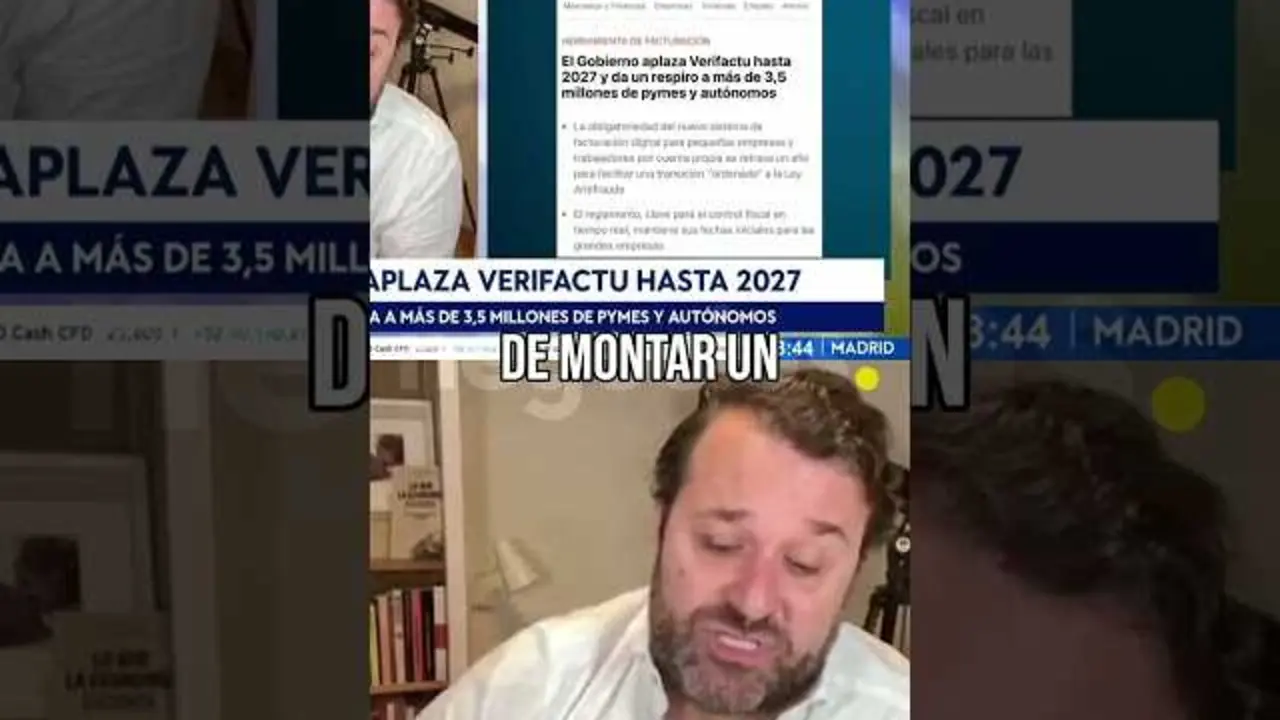 Pantallazo del vídeo de Negocios TV que anuncia el retraso de VeriFactu hasta 2027, mostrando el logo oficial y gráficos alusivos a facturación electrónica.<br>                        <br>                        <br>                        <br>                      