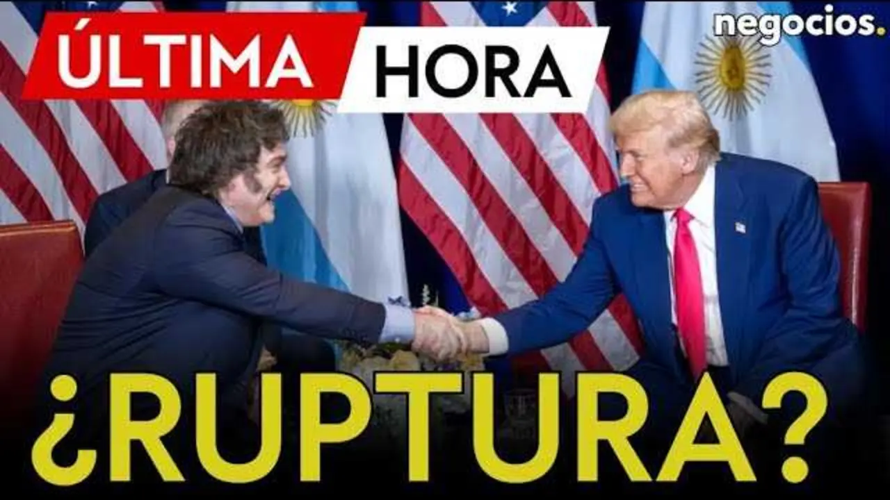 Captura del vídeo donde se analiza la tensión diplomática entre Javier Milei y Donald Trump en Negocios TV.<br>                        <br>                        <br>                        <br>                      