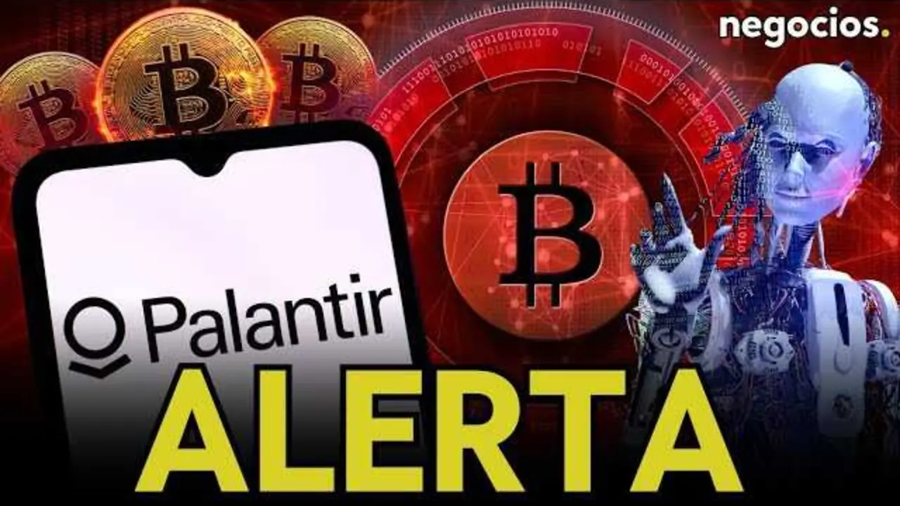 Michael Burry hablando en evento financiero con gráficos de inteligencia artificial y criptomonedas de fondo.<br>                        <br>                        <br>                        <br>                      