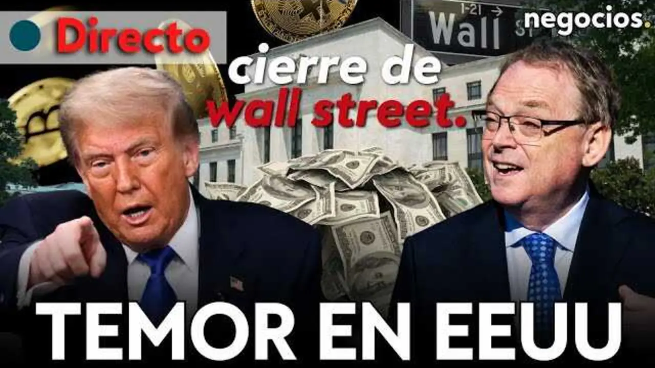 Gráfico de cierre de Wall Street con índices bursátiles y evolución del dólar, acompañado de representación gráfica de Bitcoin<br>                        <br>                        <br>                        <br>                      