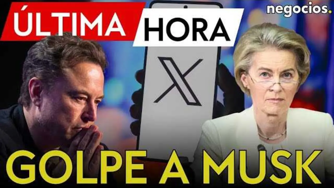 Imagen de la plataforma X en la pantalla de un dispositivo móvil, ilustrando la multa impuesta por la Unión Europea.<br>                        <br>                        <br>                        <br>                      