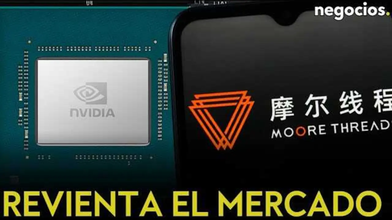 Logotipo de Moore Threads en la pantalla durante su debut en la bolsa de Shanghái con fondo de gráficos financieros.<br>                        <br>                        <br>                        <br>                      