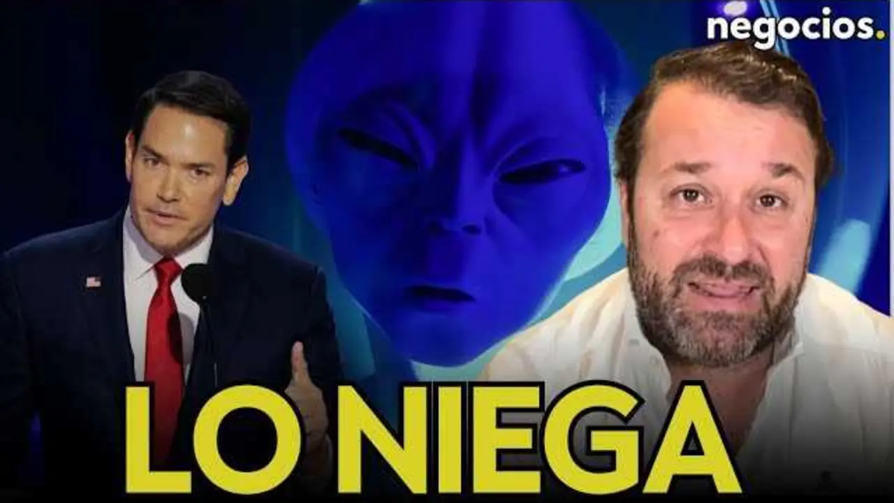 Marco Rubio en entrevista, con fondo relacionado a avistamientos de ovnis y fenómeno extraterrestre.<br>                        <br>                        <br>                        <br>                      