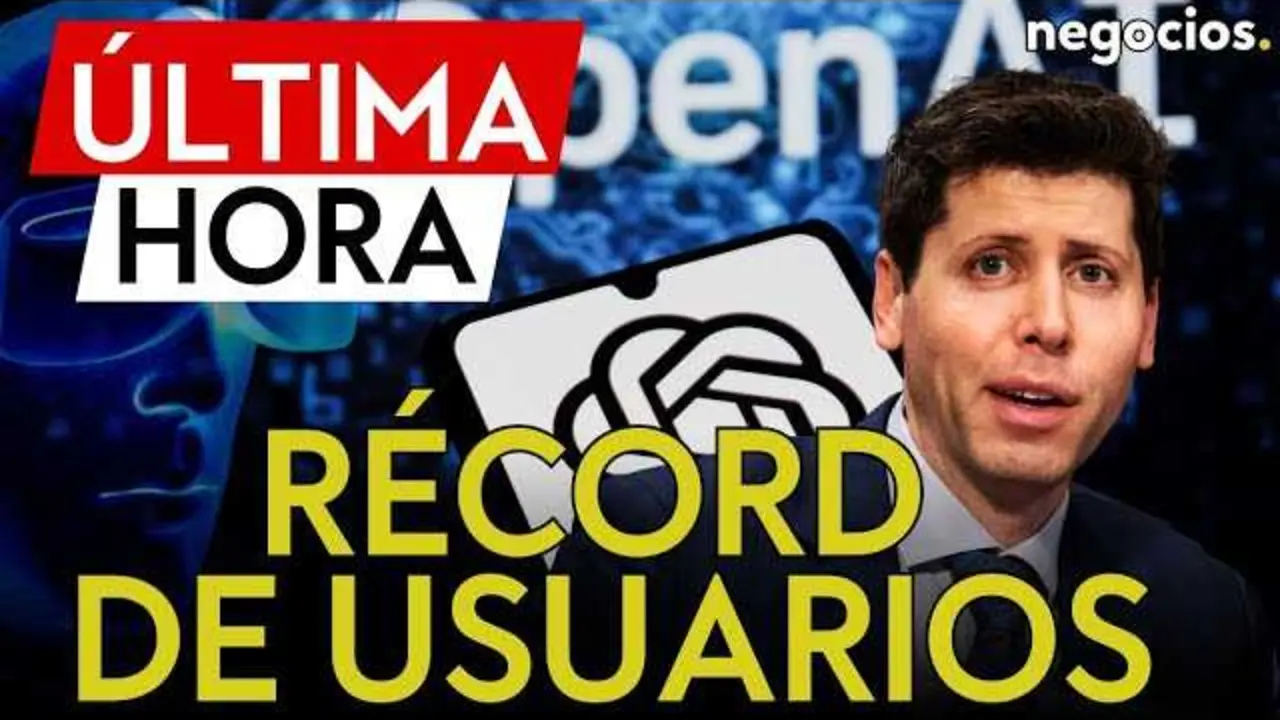 Captura de pantalla del vídeo de Negocios TV que anuncia el récord histórico de usuarios activos de ChatGPT.<br>                        <br>                        <br>                        <br>                      