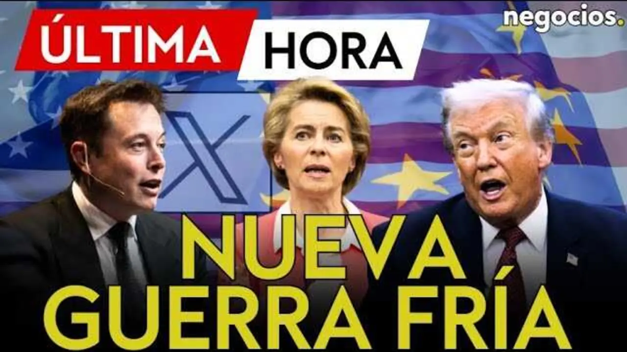Miniatura del vídeo en YouTube que muestra a Elon Musk y símbolos de la Unión Europea junto al logo de la plataforma X, destacando la tensión entre Estados Unidos y Europa.<br>                        <br>                        <br>                        <br>                      