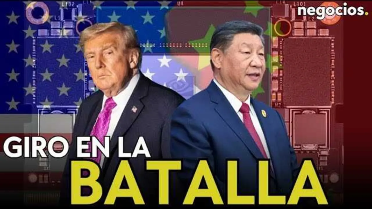 Vista ampliada de un chip Nvidia con la bandera de Estados Unidos y China ilustrando la tensión tecnológica entre ambas potencias<br>                        <br>                        <br>                        <br>                      