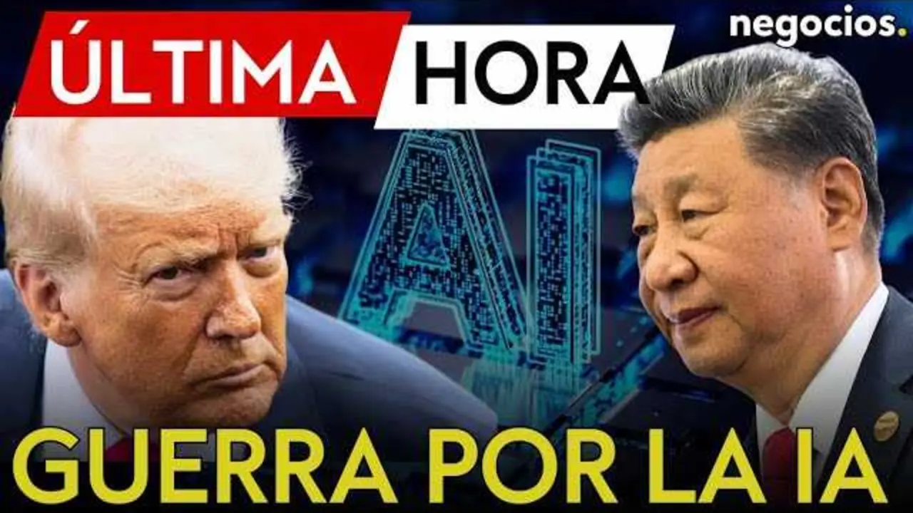 Retrato de Donald Trump durante una conferencia con gráficos de inteligencia artificial de fondo, simbolizando la centralización regulatoria anunciada.<br>                        <br>                        <br>                        <br>                      