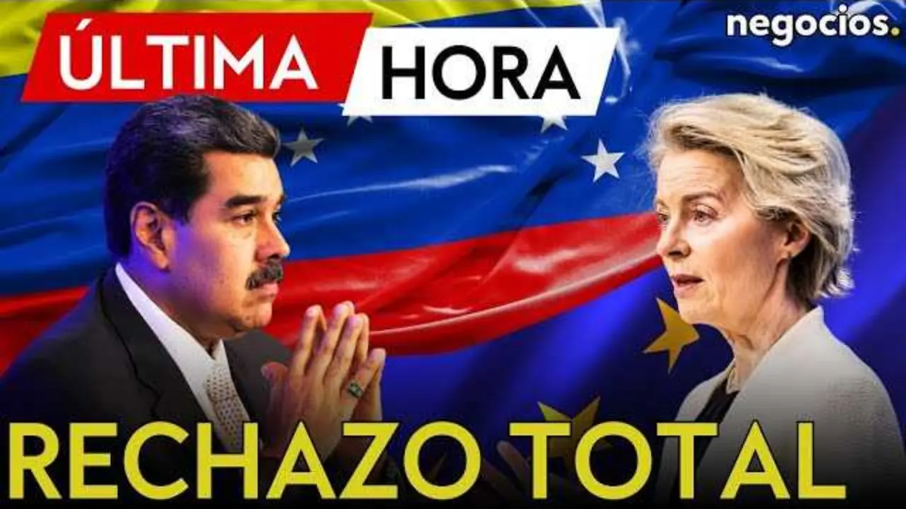 Vista del logo de la Uni&oacute;n Europea junto a una bandera de Venezuela ondeando, simbolizando la tensi&oacute;n diplom&aacute;tica entre ambas naciones.<br>                        <br>                        <br>                        <br>                      