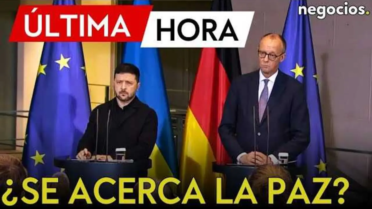 Friedrich Merz durante una conferencia de prensa conjunta con Volod&iacute;mir Zelenski, destacando avances diplom&aacute;ticos hacia la paz.<br>                        <br>                        <br>                        <br>                      