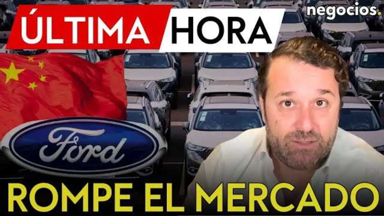 Imagen principal que muestra un veh&iacute;culo el&eacute;ctrico con el logo de Ford y un mapa de China de fondo, simbolizando la competencia entre ambas industrias.<br>                        <br>                        <br>                        <br>                      