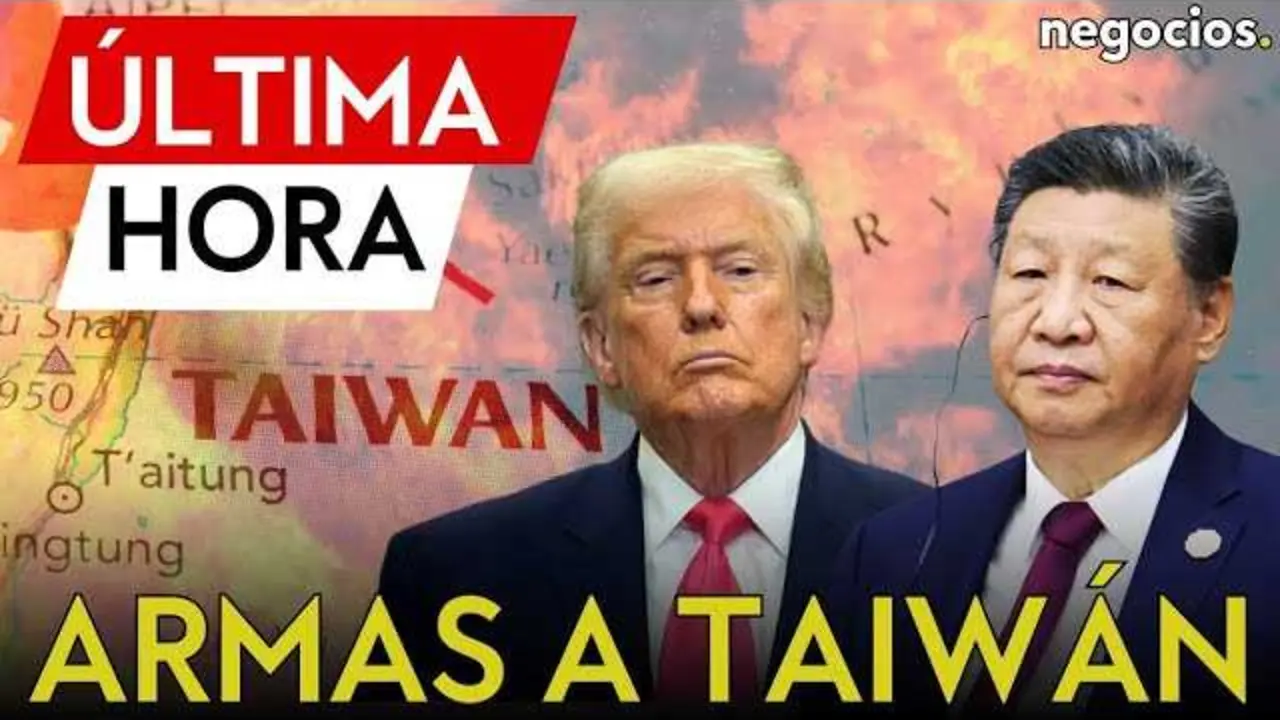 Cartel del v&iacute;deo de Negocios TV mostrando la bandera china y la estadounidense con un fondo del estrecho de Taiw&aacute;n<br>                        <br>                        <br>                        <br>                      