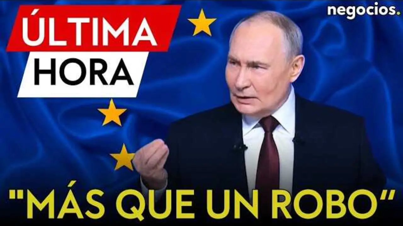 Vlad&iacute;mir Putin durante un discurso, con fondo neutro, mientras aborda la pol&eacute;mica sobre los activos rusos congelados en Europa.<br>                        <br>                        <br>                        <br>                      