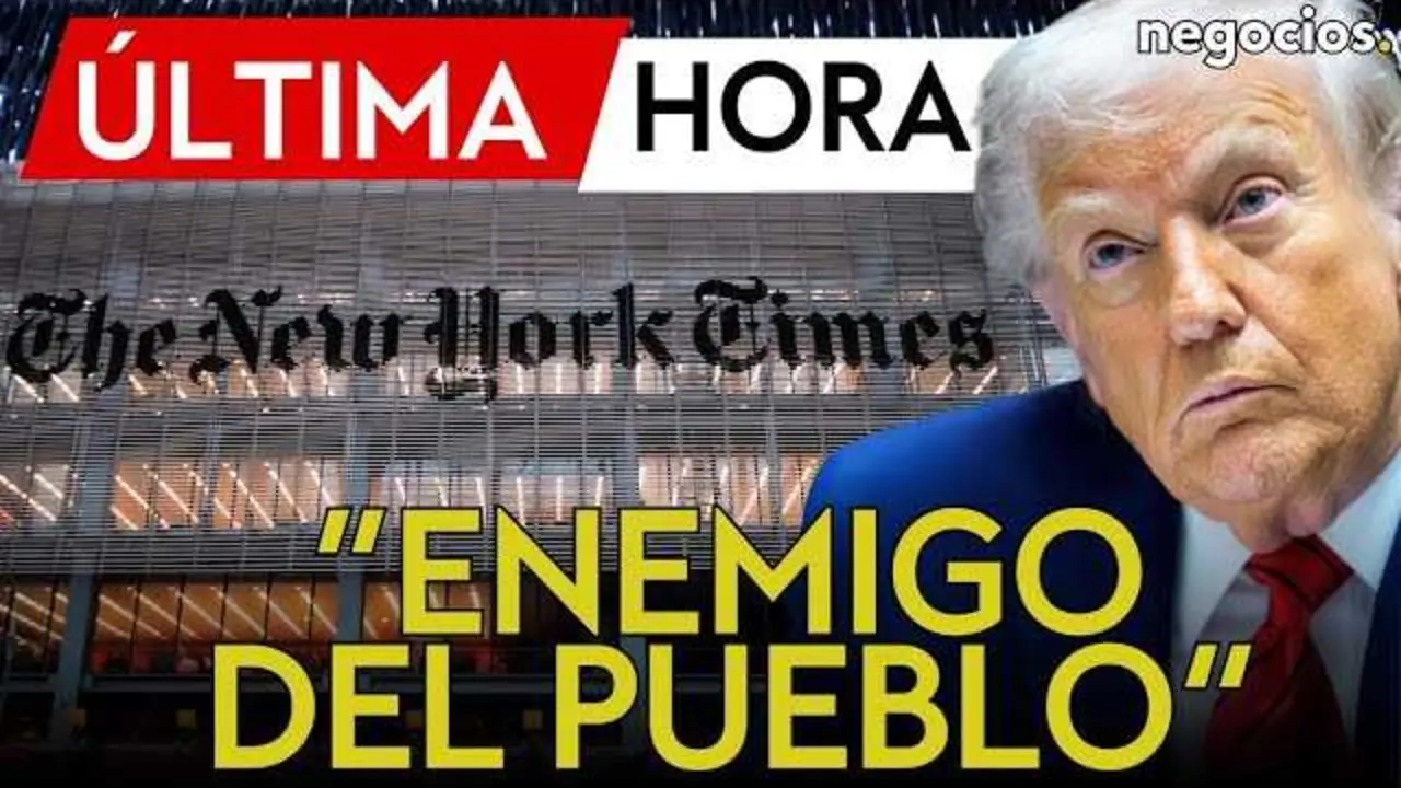 Retrato de Donald Trump con el logo del New York Times al fondo, ilustrando la confrontaci&oacute;n medi&aacute;tica.<br>                        <br>                        <br>                        <br>                      