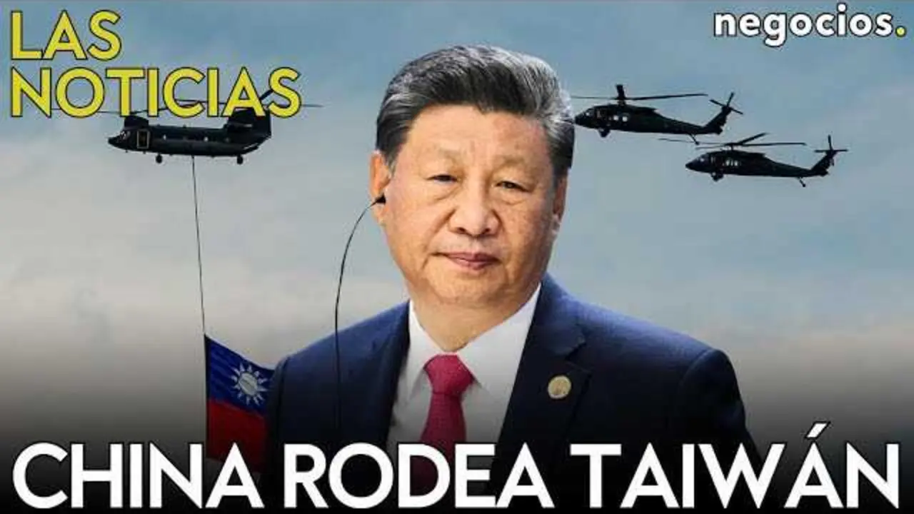 Thumbnail del v&iacute;deo donde se observa una representaci&oacute;n gr&aacute;fica de las maniobras militares chinas cerca de Taiw&aacute;n y los l&iacute;deres Donald Trump y Volod&iacute;mir Zelenski en un encuentro diplom&aacute;tico.<br>                        <br>                        <br>                        <br>                      
