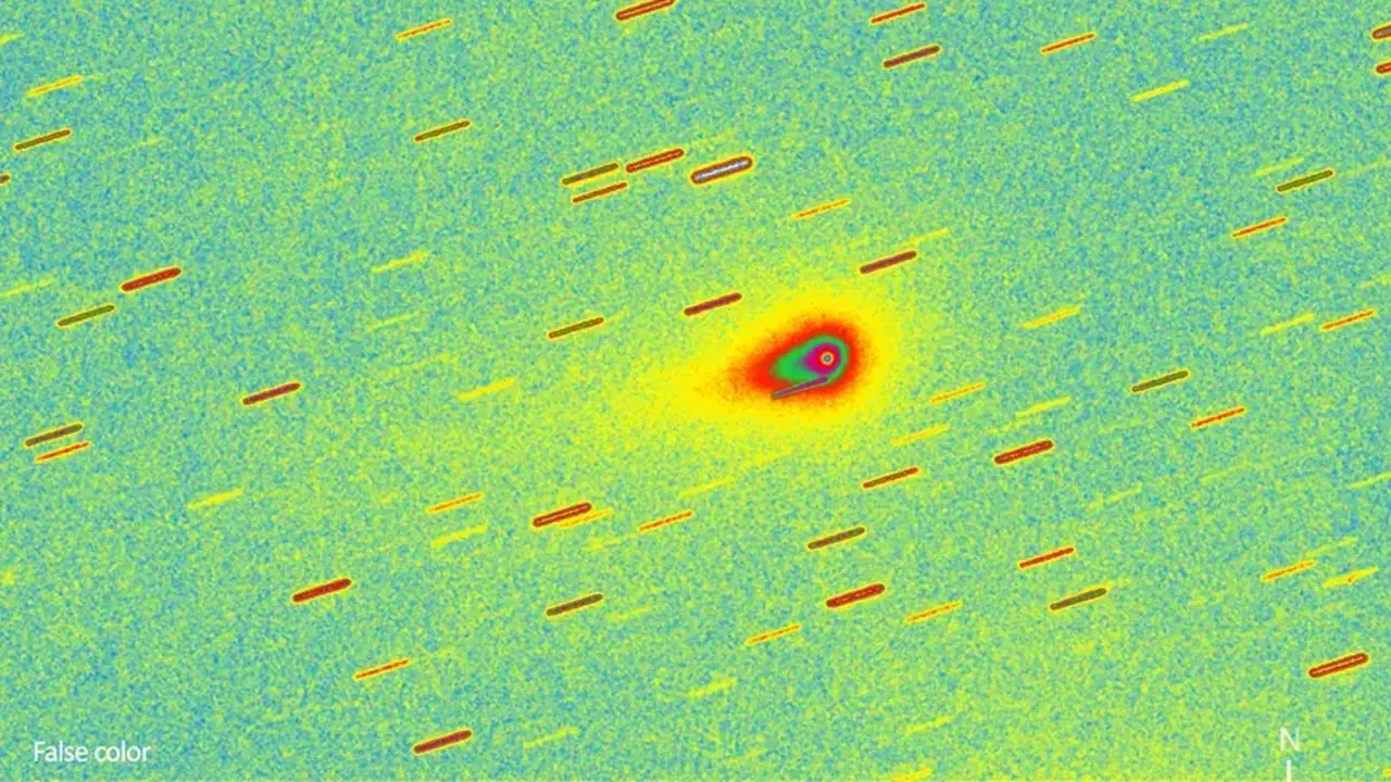 False-color image of 3I/ATLAS (top panel), taken on December 27, 2025 by a 0.2-meter telescope in Belgium. The field of view is 14.4 by 23.3 arcminutes, corresponding to 1.1 by 1.8 million kilometers.  (Image credit: Alfons Diepvens)