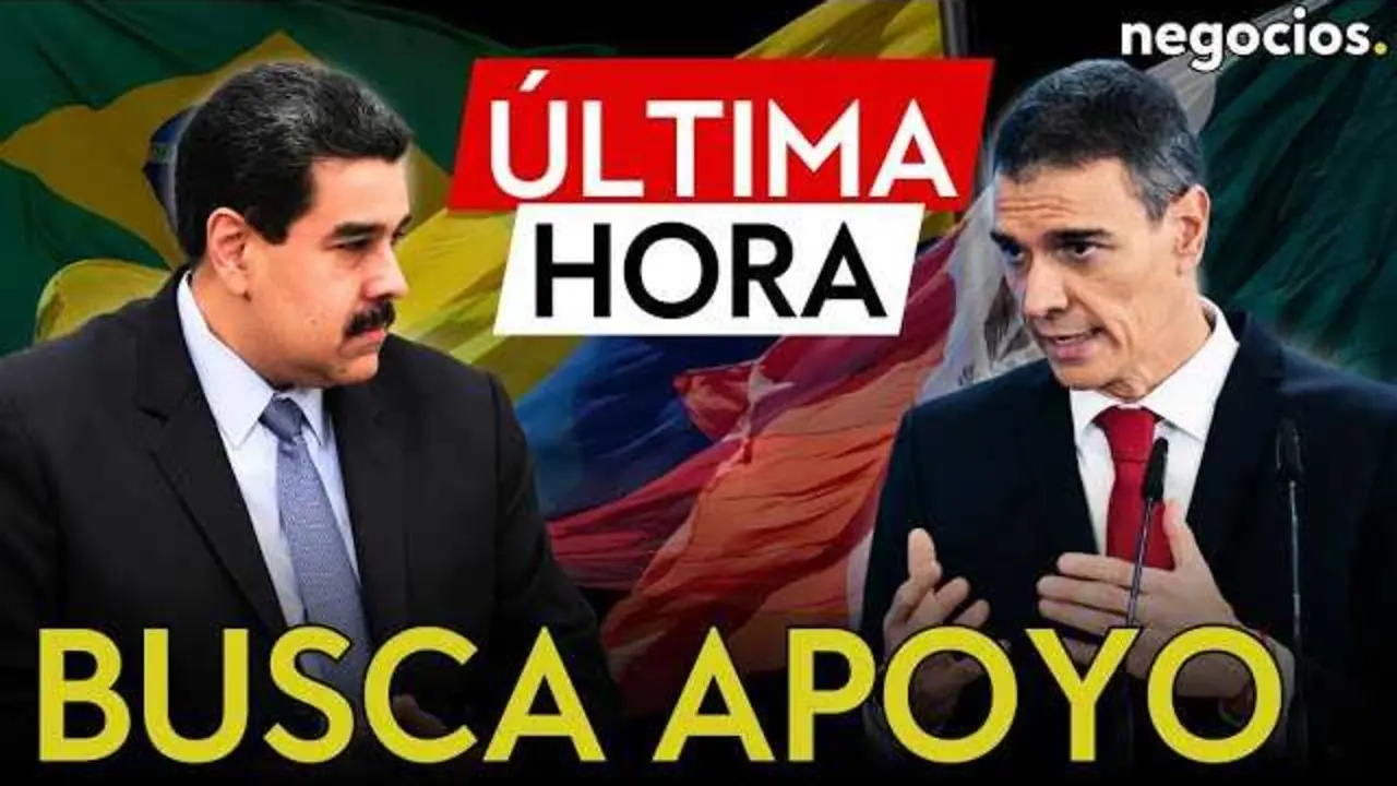 Pedro S&aacute;nchez en conferencia de prensa, mientras se muestran banderas de Espa&ntilde;a y pa&iacute;ses latinoamericanos, simbolizando la cooperaci&oacute;n regional en la crisis venezolana.<br>                        <br>                        <br>                        <br>                      