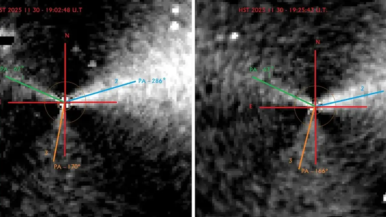 El sistema en chorro se tambalea peri&oacute;dicamente con un per&iacute;odo de 7,2 horas alrededor del eje de rotaci&oacute;n, seg&uacute;n dos exposiciones del Hubble separadas por 23 minutos el 30 de noviembre de 2025. (Cr&eacute;dito de las im&aacute;genes: T. Scarmato y A. Loeb, como se analiza en un nuevo art&iacute;culo aqu&iacute; basado en datos publicados por NASA/ESA/STScI)