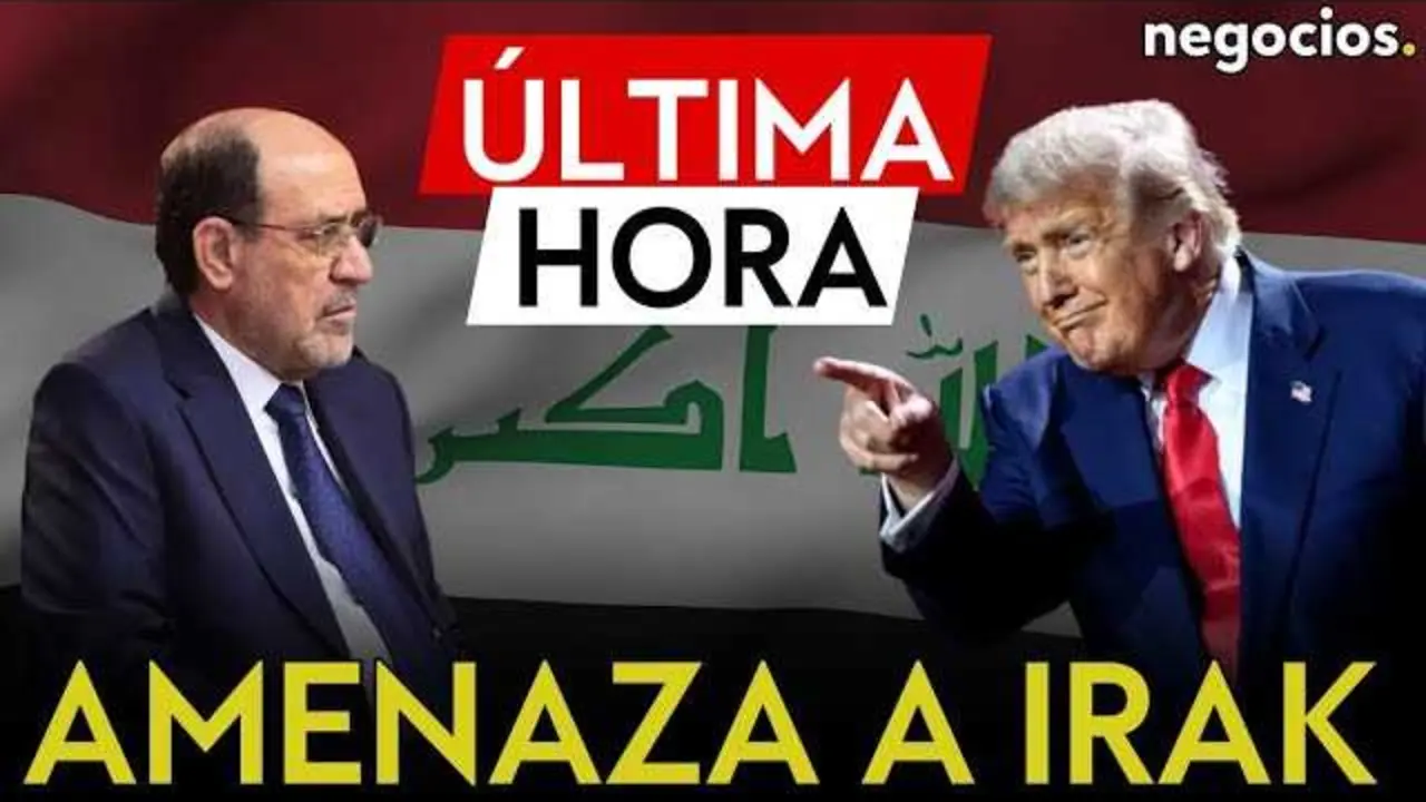 Retrato de Donald Trump superpuesto con una imagen del Parlamento iraqu&iacute; en Bagdad al atardecer.<br>                        <br>                        <br>                        <br>                      