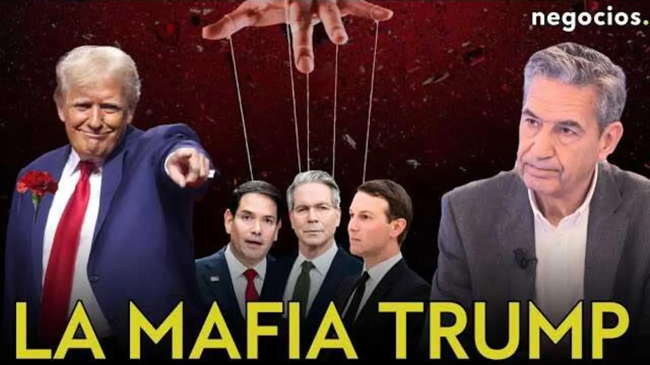 Trump junto a im&aacute;genes simb&oacute;licas que evocan un estilo mafioso y la relaci&oacute;n con l&iacute;deres mundiales, ilustrando su controvertida iniciativa diplom&aacute;tica<br>                        <br>                        <br>                        <br>                      