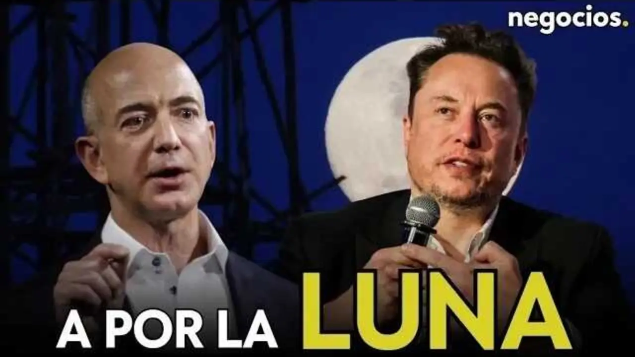 Imagen ilustrativa que muestra la superficie lunar con cohetes de SpaceX y Blue Origin en representaci&oacute;n de la competencia espacial.<br>                        <br>                        <br>                        <br>                      