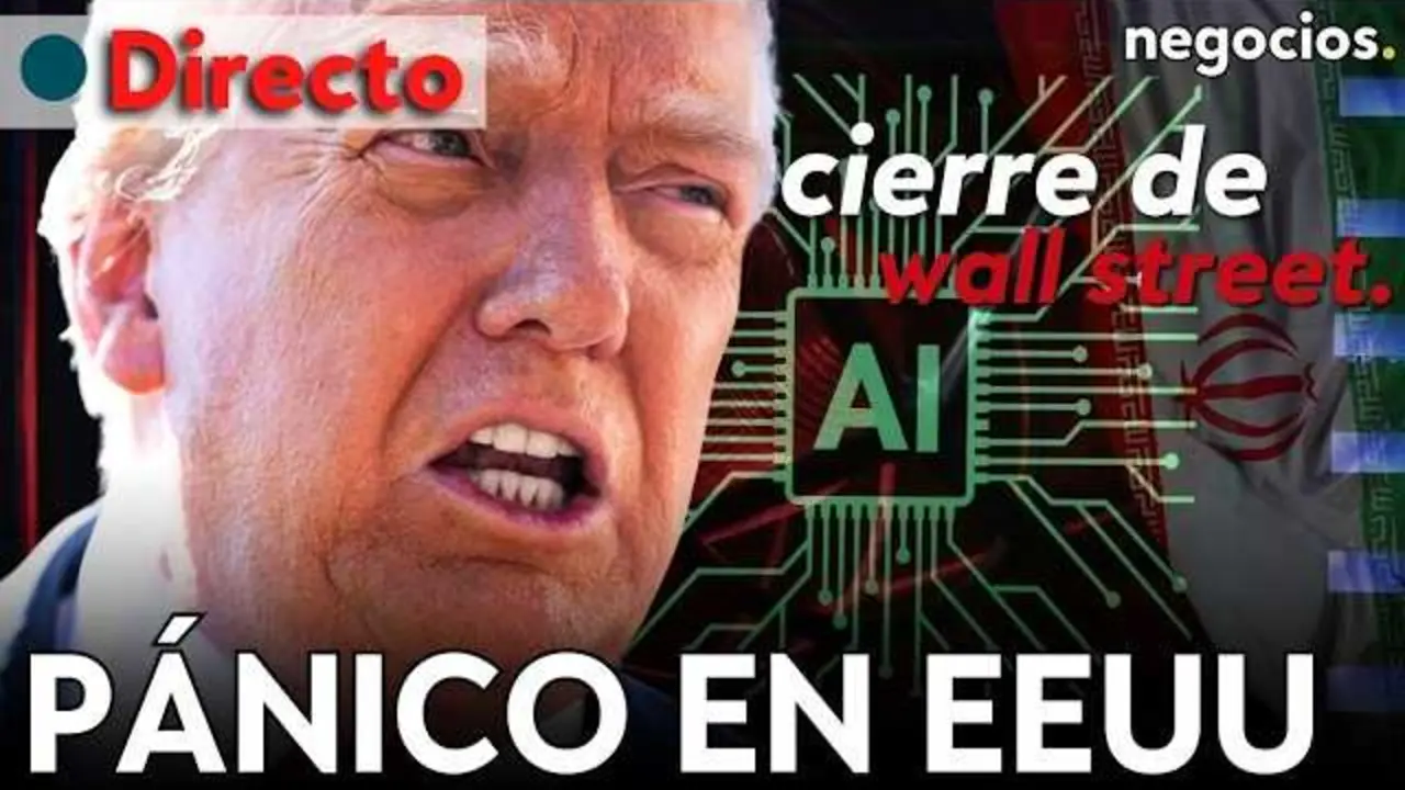 Pantallazo del v&iacute;deo en directo de Negocios TV sobre el cierre de Wall Street, mostrando gr&aacute;ficos y titulares relacionados con Trump, Ir&aacute;n y el impacto en la banca y tecnolog&iacute;a.<br>                        <br>                        <br>                        <br>                      