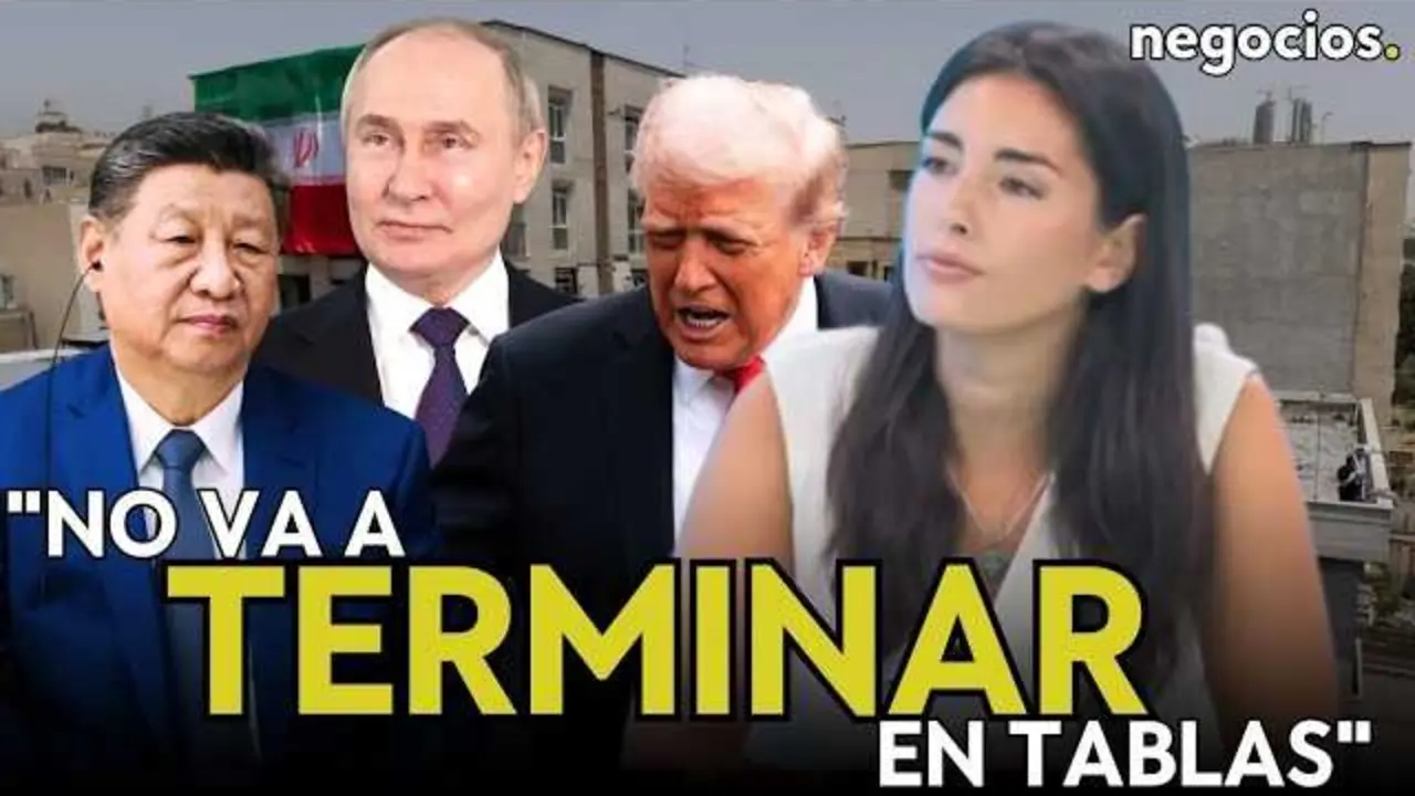 Covadonga Torres analizando la guerra de Ir&aacute;n en el estudio de Negocios TV, con mapas geopol&iacute;ticos y gr&aacute;ficos en segundo plano.<br>                        <br>                        <br>                        <br>                      