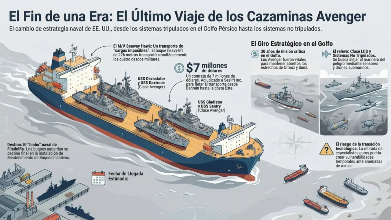 El buque mercante Seaway Hawk transporta los buques de contramedidas de minas clase Avenger de la Armada de los EE. UU. fuera de servicio USS Devastator, USS Dextrous, USS Gladiator y USS Sentry