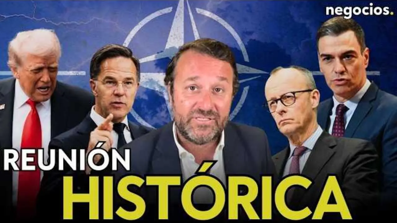 Thumbnail del v&iacute;deo de Negocios TV que muestra un montaje con el logo de la OTAN y mapas de Europa y Oriente Medio, ilustrando el contexto geopol&iacute;tico tratado.<br>                        <br>                        <br>                        <br>                      