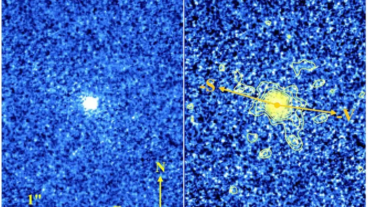 Imagen del cometa 41P/Tuttle&ndash;Giacobini&ndash;Kresak, perteneciente a la familia de J&uacute;piter, capturada por el telescopio Hubble e integrada durante 3840 segundos en diciembre de 2017. El panel derecho muestra contornos de brillo de la columna de gas que rodea al cometa. Las flechas indican la direcci&oacute;n antisolar (&ndash;S) y el vector de velocidad negativo proyectado con respecto al Sol (&ndash;V). (Cr&eacute;dito de la imagen: D. Jewitt 2026)