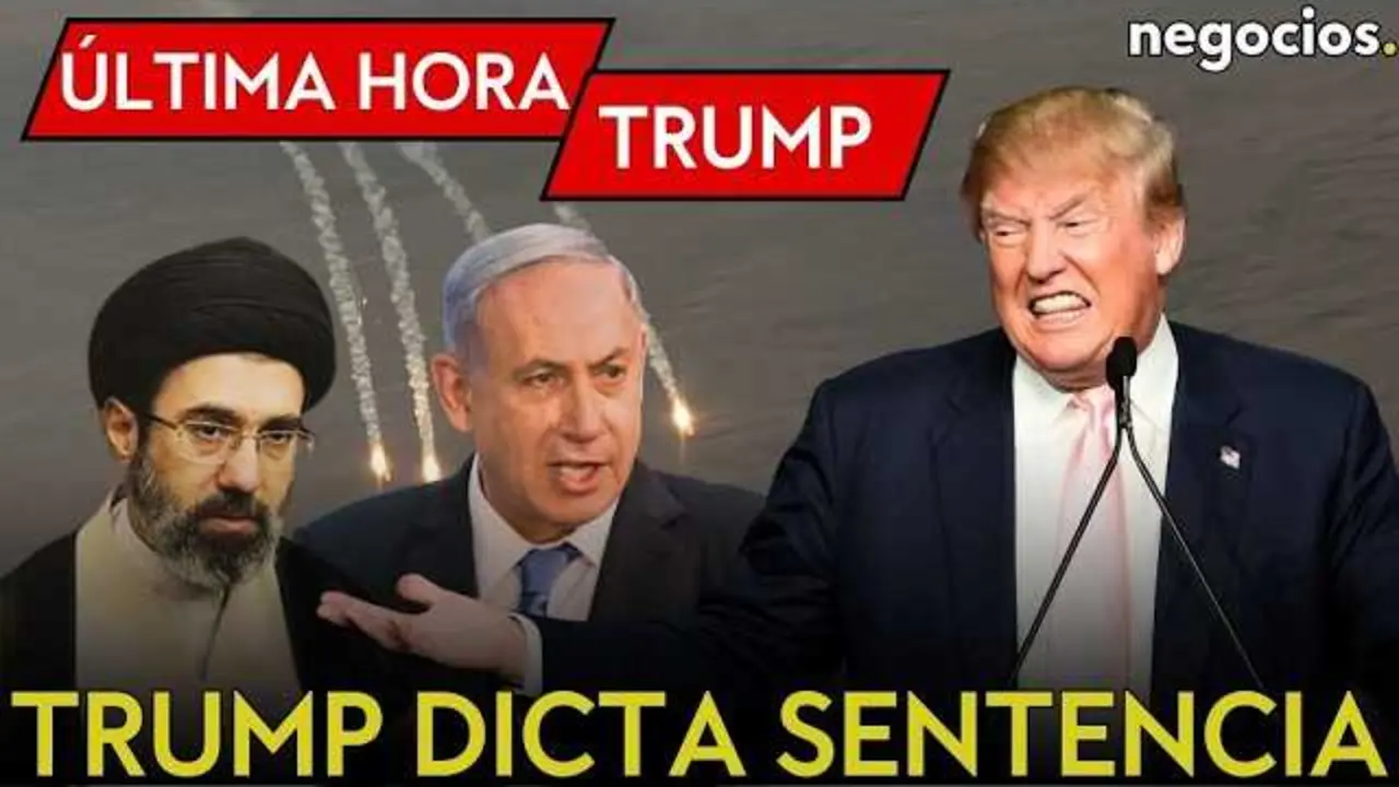 Donald Trump durante su anuncio sobre la tregua con Ir&aacute;n, mientras se observan banderas estadounidenses e iran&iacute;es en un fondo diplom&aacute;tico.<br>                        <br>                        <br>                        <br>                      