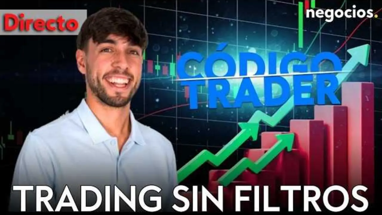 Captura de pantalla del programa C&oacute;digo Trader en Negocios TV mostrando gr&aacute;ficos de an&aacute;lisis t&eacute;cnico y a los presentadores en directo.<br>                        <br>                        <br>                        <br>                      