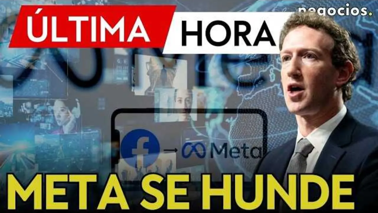 Pantallazo del v&iacute;deo de Negocios TV mostrando el logo de Meta y gr&aacute;ficos de bolsa en ca&iacute;da.<br>                        <br>                        <br>                        <br>                      