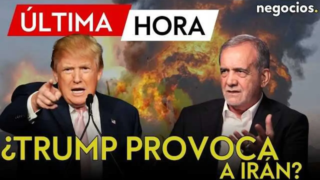 Imagen del presidente Donald Trump con fondo del mapa de Ir&aacute;n y s&iacute;mbolos de conflicto militar.<br>                        <br>                        <br>                        <br>                      