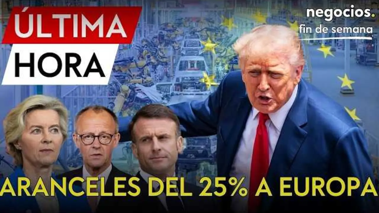Captura de pantalla del v&iacute;deo de Negocios TV donde se informa sobre el aumento de aranceles de Trump a veh&iacute;culos europeos.<br>                        <br>                        <br>                        <br>                      