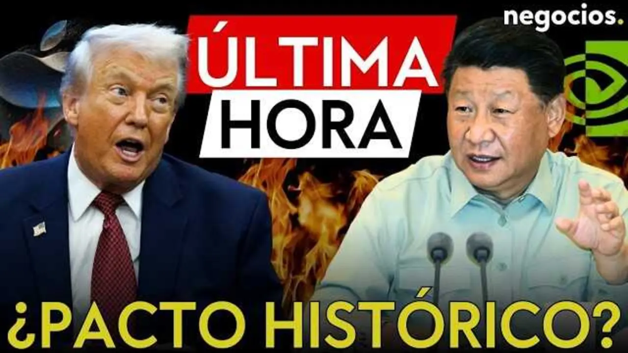 thumbnail del v&iacute;deo que muestra a Donald Trump y Xi Jinping en la cumbre, con logotipos de Nvidia, Apple y ExxonMobil<br>                        <br>                        <br>                        <br>                      