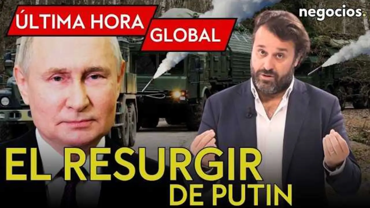 Imagen promocional del video que muestra a Vladimir Putin y Donald Trump con fondo de mapas geopol&iacute;ticos y s&iacute;mbolos econ&oacute;micos globales.<br>                        <br>                        <br>                        <br>                      
