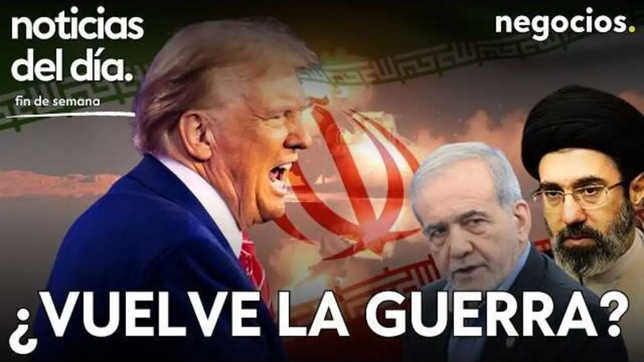 Imagen del video que muestra el logo de Negocios TV con un presidente estadounidense y s&iacute;mbolos de tensi&oacute;n en Oriente Medio, destacando el conflicto en la regi&oacute;n.<br>                        <br>                        <br>                        <br>                      