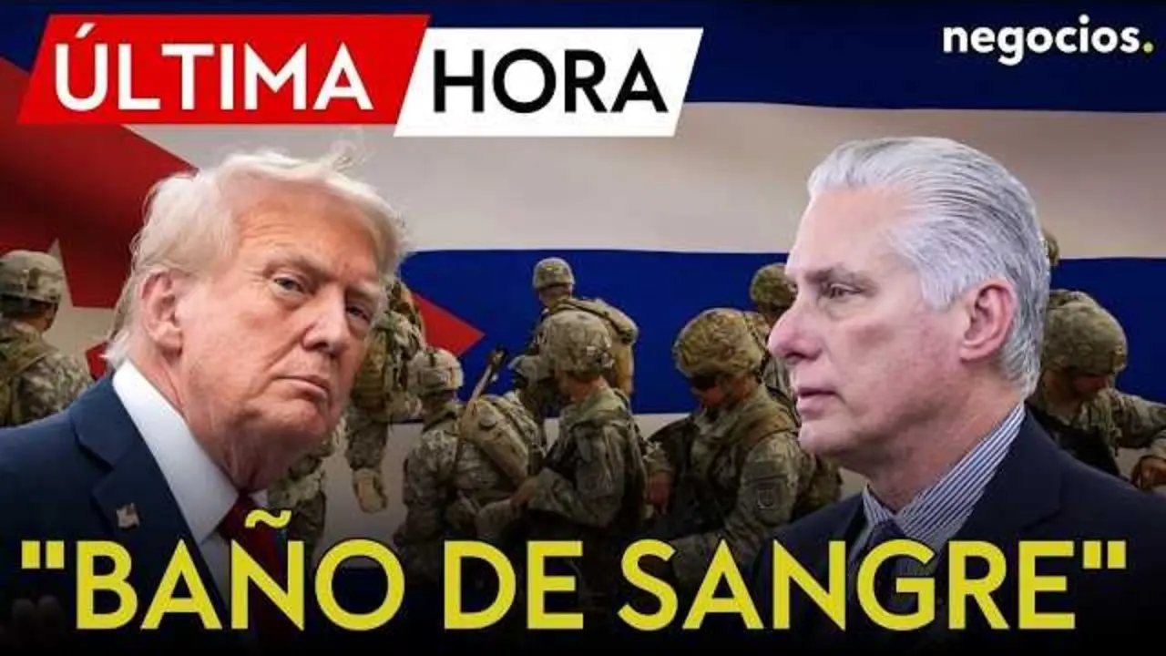 Miguel D&iacute;az-Canel ofreciendo un mensaje oficial con un fondo de la bandera cubana durante su advertencia sobre una posible intervenci&oacute;n militar estadounidense.<br>                        <br>                        <br>                        <br>                      