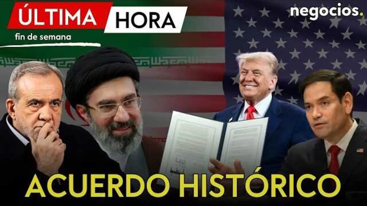 Donald Trump en conferencia, con la imagen del estrecho de Ormuz sobreimpresa en tonos azules y rojos, simbolizando la tensi&oacute;n y el di&aacute;logo en Oriente Medio.<br>                        <br>                        <br>                        <br>                      