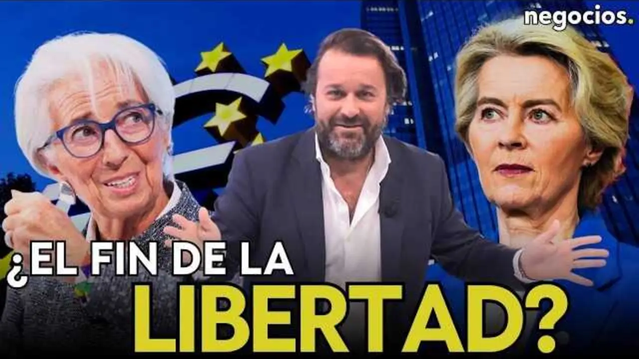 Captura del v&iacute;deo de Negocios TV donde se expone el plan para implementar el euro digital y el fin del efectivo en Europa.<br>                        <br>                        <br>                        <br>                      