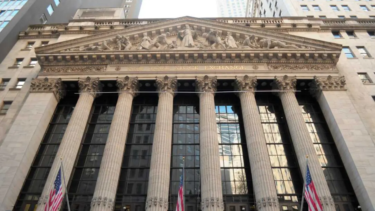 The New York Stock Exchange building seen on Wall Street in the Financial District in downtown Manhattan, New York City.