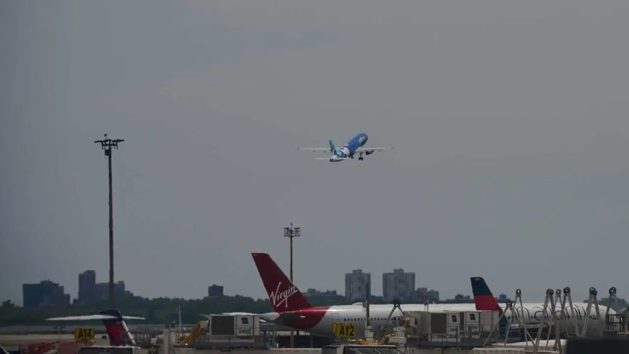 July 2, 2025, New York, New York, USA: A JetBlue plane takes off from the Terminal 5 runway at JFK Airport.,Image: 1018146404, License: Rights-managed, Restrictions: , Model Release: no, Credit line: Edna Leshowitz / Zuma Press / ContactoPhoto