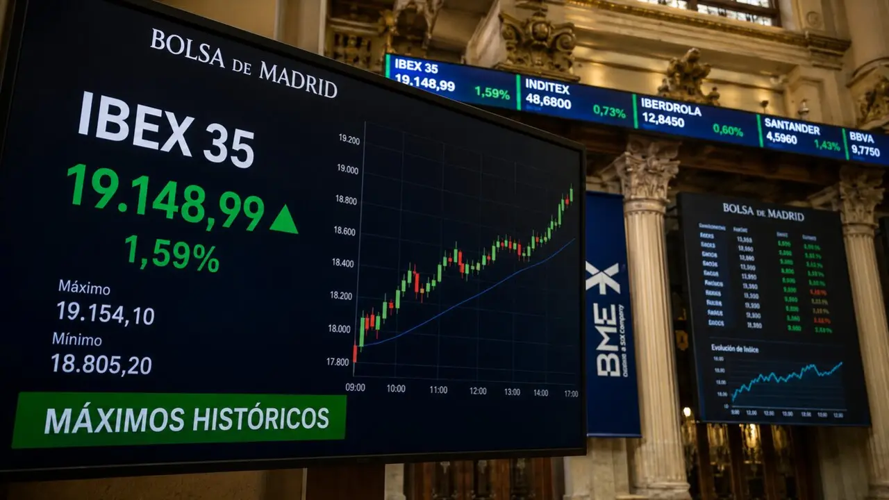 El IBEX 35 rompe los 19.000 puntos y firma otro r&eacute;cord