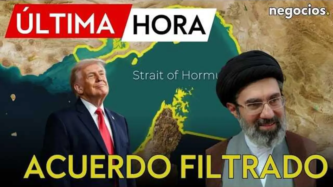 Captura de pantalla del v&iacute;deo de Negocios TV sobre el acuerdo filtrado entre EEUU e Ir&aacute;n, destacando el retraso en la apertura del estrecho de Ormuz y el quebranto en los precios del petr&oacute;leo.<br>                        <br>                        <br>                        <br>                      