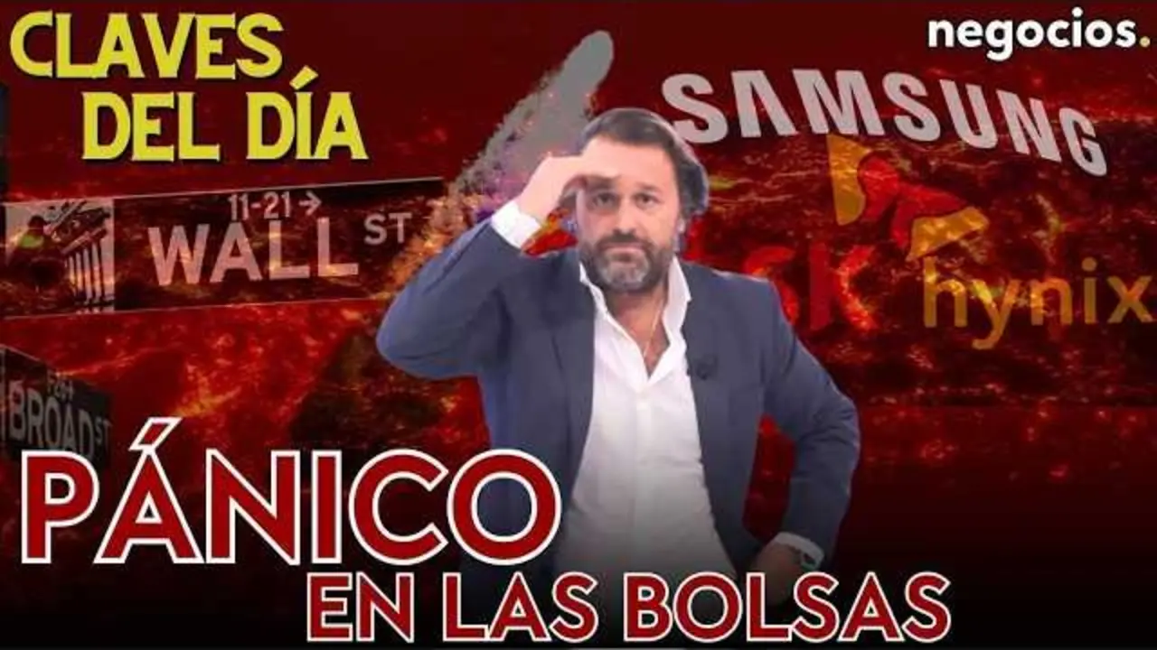 Captura de pantalla del video con gr&aacute;fico de ca&iacute;da en los &iacute;ndices burs&aacute;tiles, resaltando la crisis financiera global reflejada en los mercados asi&aacute;ticos y estadounidenses.<br>                        <br>                        <br>                        <br>                      