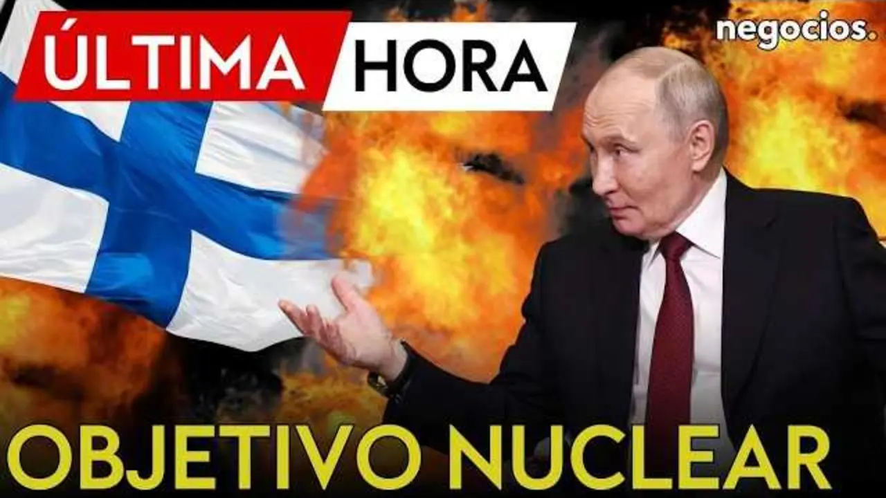 Dmitri Medv&eacute;dev anunciando la inclusi&oacute;n de Finlandia como objetivo nuclear ruso, con mapa geopol&iacute;tico de fondo.<br>                        <br>                        <br>                        <br>                      